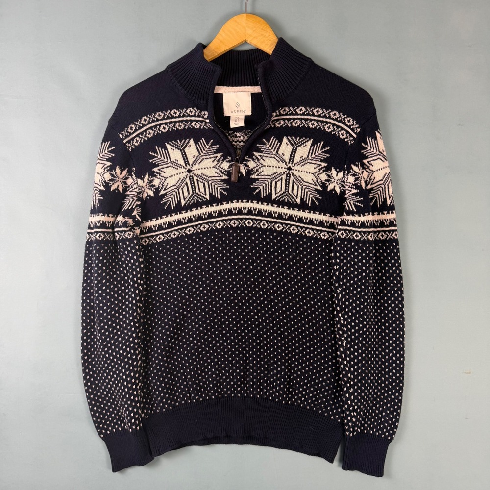 Aspen Men's Small Navy Fair Isle Snowflake Nordic Quarter Zip Knit Sweater